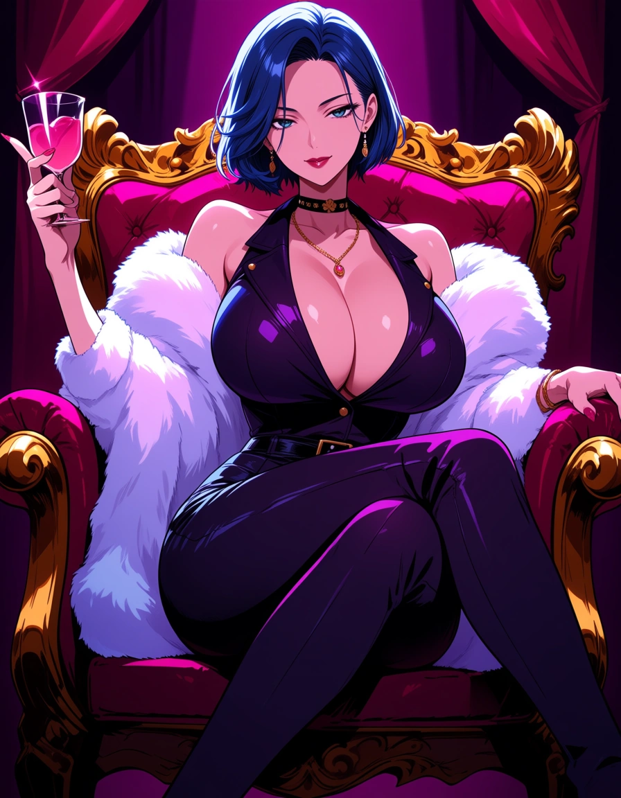 hentai_studio_quality, (hot busty beauty girl), 24yo supermodel LUC1LL3, short stylish hair, beauty face, huge breasts, sit seductive on a throne, fur coat, jewelry, romantic gaze, dynamic pose, sexy environment