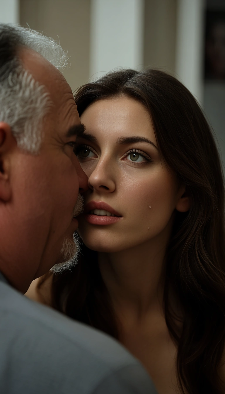 studio quality, sharp focus, dslr quality, young woman, brunette, with old man, fat guy
