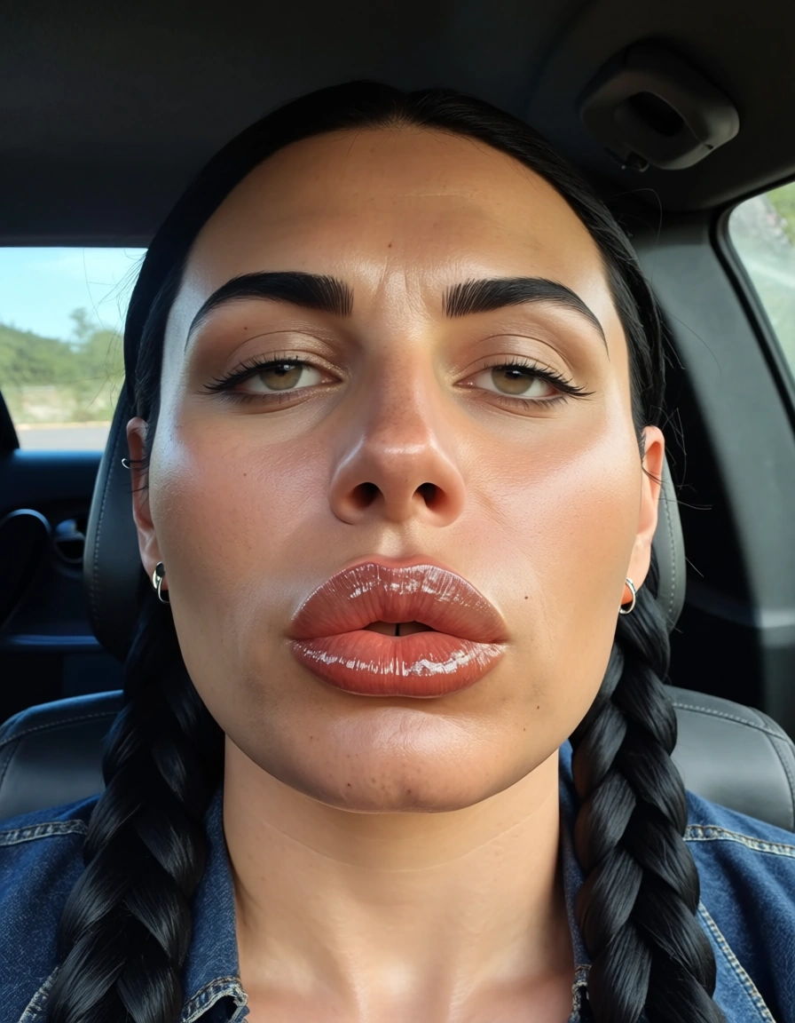 Trans solo big dick cumshot in car Black braided hair extreme thick glossy lip.Jeans. Extremely curvy. Earrings. Ring. Nose piercing. Inperfect face. Inperfect skin. Unfiltered skin. Unfiltered face skin. An amateur smartphone photo, full-body shot from behind. Natural, imperfect skin texture with pores, blemishes, and uneven skin tone; highly realistic skin. Background objects are clearly visible, unfiltered, and realistic. Natural lighting, no-filter effect, natural shadows, and mild digital noise. Amateur, spontaneous, very full, plump, juicy lips with natural realistic lip texture, visible fine lines on lips, authentic detailed skin creases,, score_9, score_8, candid photo, realistic skin texture, visible skin pores, film grain, depth of field