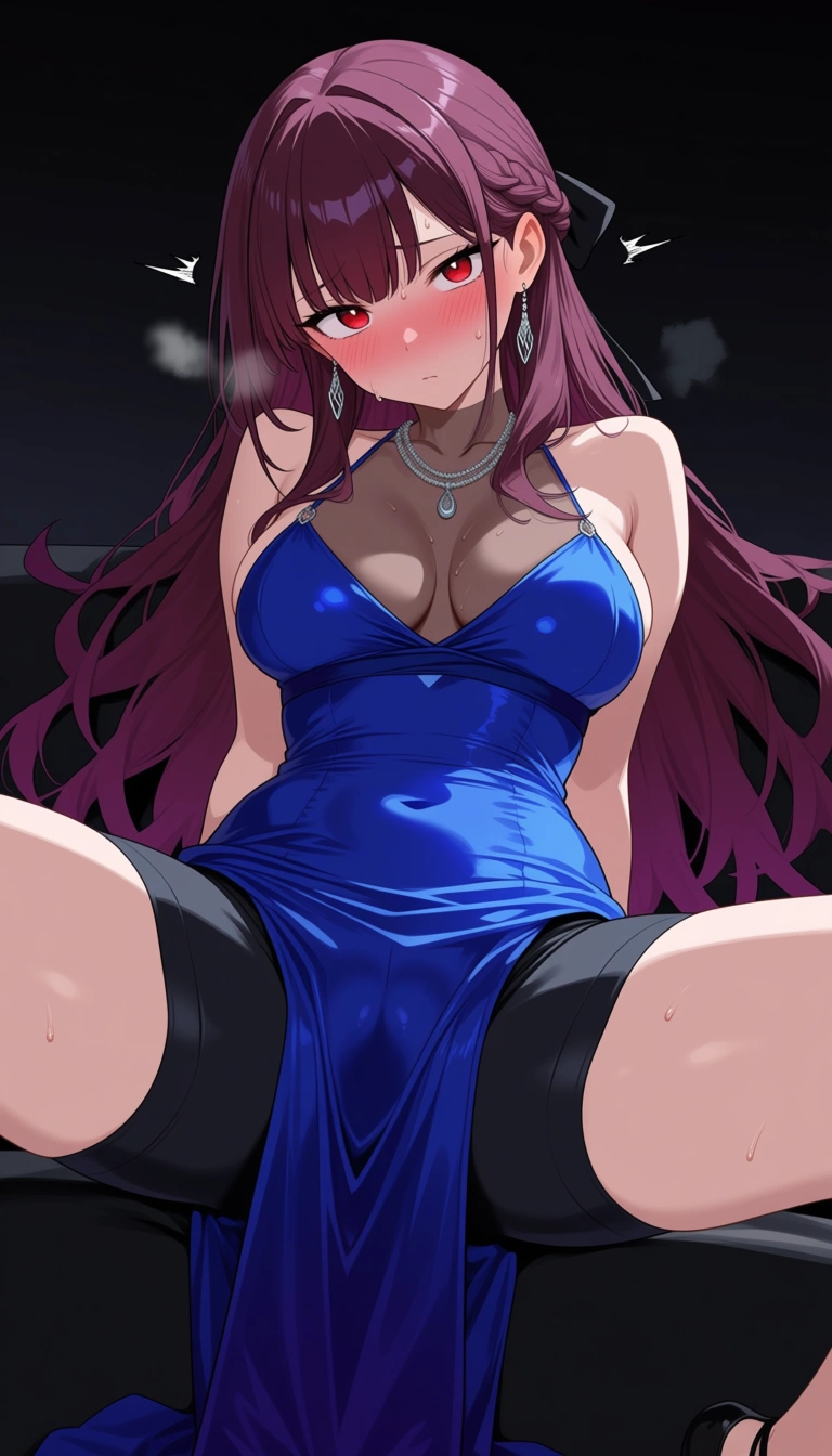 best quality, explicit detail, fitness model, evening gown, spread legs, nervous blush, hentai styl, hentai_studio_quality