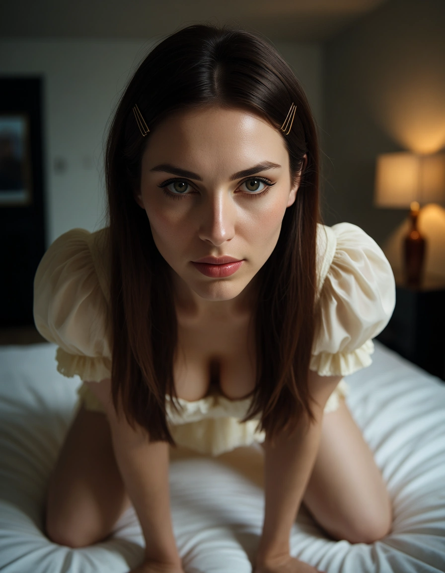 studio quality, sharp focus, solo focus, hairclip, puffy sleeves, kneeling on bed, rim light, cinematic realism, score_9, score_8, candid photo, realistic skin texture, visible skin pores, film grain, depth of field