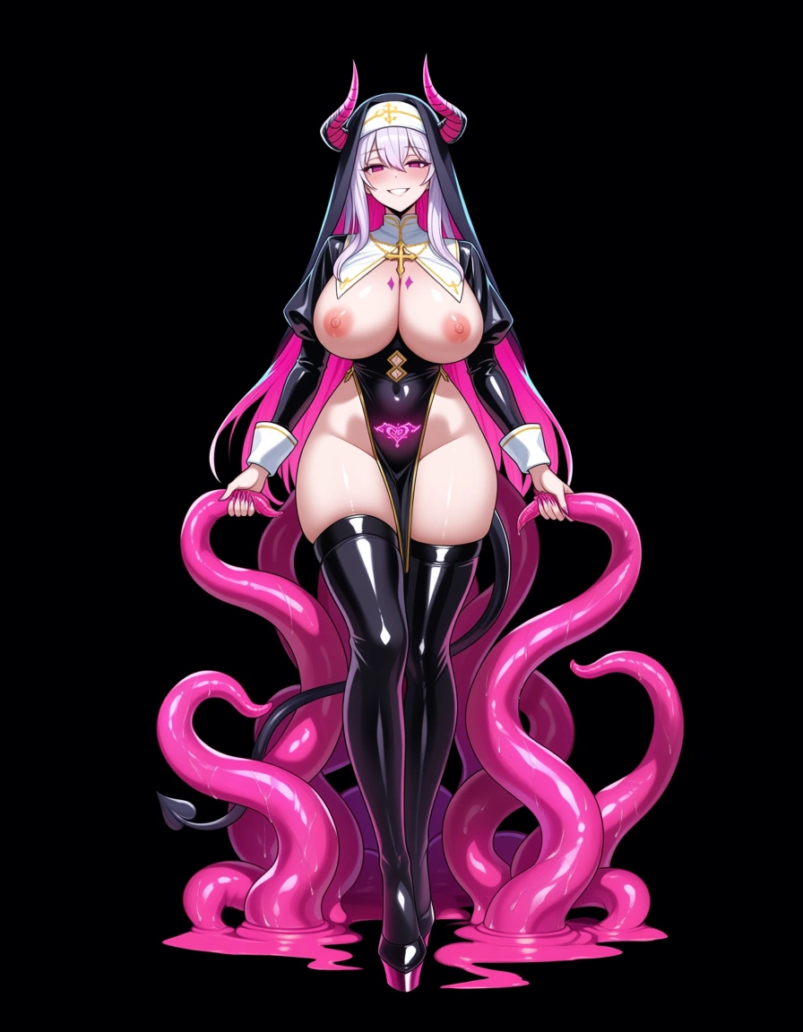nun, mind break, large_breasts, thighhighs, tentacles, beauty mark, tail, horns, demon_girl, corruption, crotch tattoo, transformation to succubus girl magical gil corruption of possession sex, body modification, femdom, hentai_studio_quality, tentacles tie the body cum_in_pussy, hentai_studio_quality