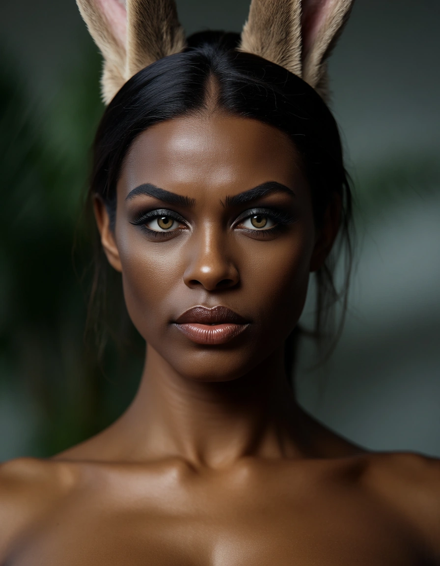 ultra HD, lifelike, over the shoulder, bunny woman, facesitting, dark skin, military, dominant stare, photorealistic, score_9, score_8, candid photo, realistic skin texture, visible skin pores, film grain, depth of field