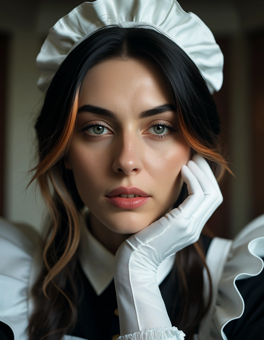 highly detailed, natural lighting, maid, streaked hair, white gloves, facesitting, cinematic realism, score_9, score_8, candid photo, realistic skin texture, visible skin pores, film grain, depth of field