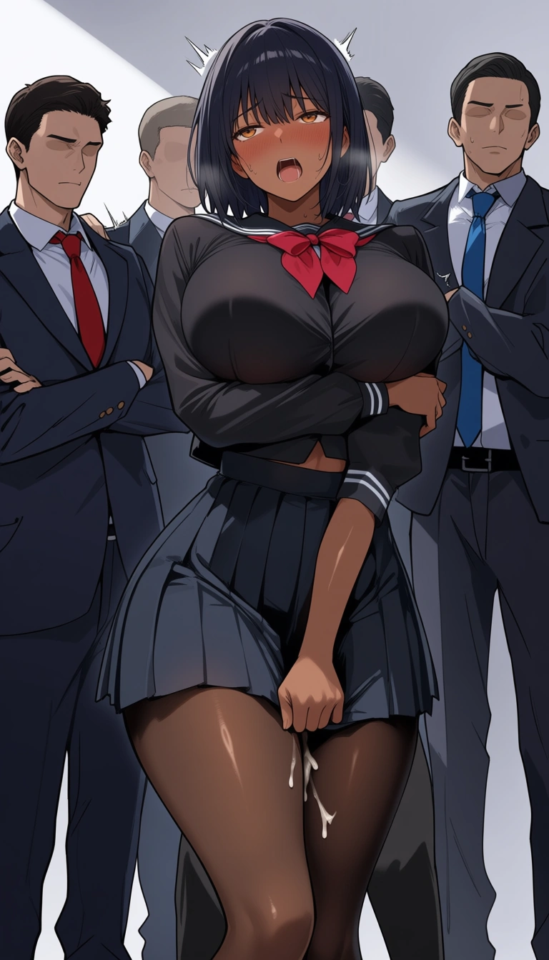 multiple_views, multiple_boys , 1girl , school_uniform, skirt, large_breasts, dark-skinned_female. 
------
scene: standing , nervous, clothed, full_body, tight_clothes, crossed_arms.
-----
scene: embarrassed, dominated, submissive, topless, cowgirl_position, cum, moaning.
-----, hentai_studio_quality, hentai_studio_quality, hentai_studio_quality, hentai_studio_quality, hentai_studio_quality