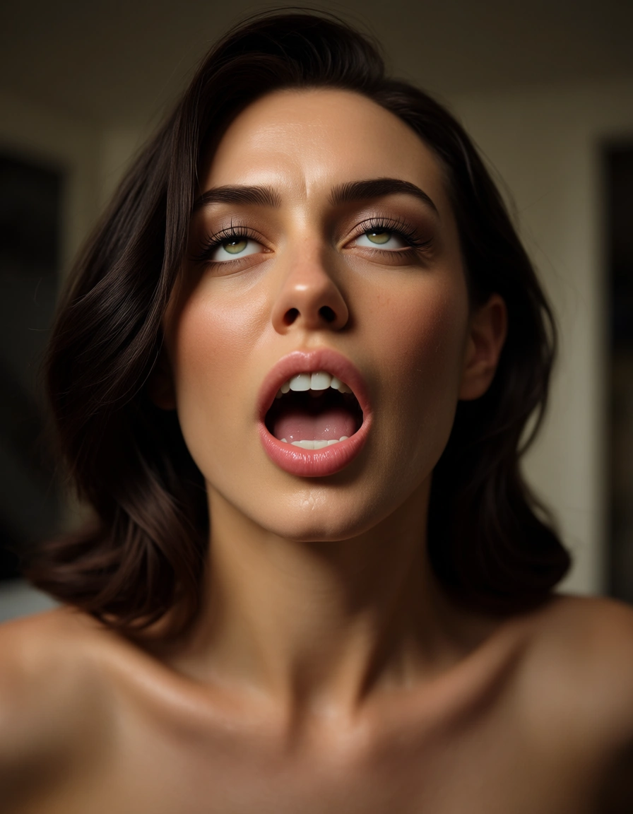 dslr, film grain, photorealistic, close-up, solo female, ahegao, bare shoulders, lifelike render, score_9, score_8, candid photo, realistic skin texture, visible skin pores, film grain, depth of field