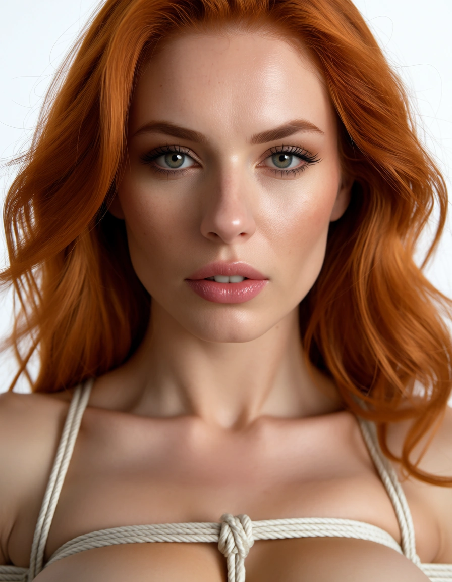 highly detailed, natural lighting, redhead woman, bondage, skindentation, white background, 8k uhd photo, score_9, score_8, candid photo, realistic skin texture, visible skin pores, film grain, depth of field