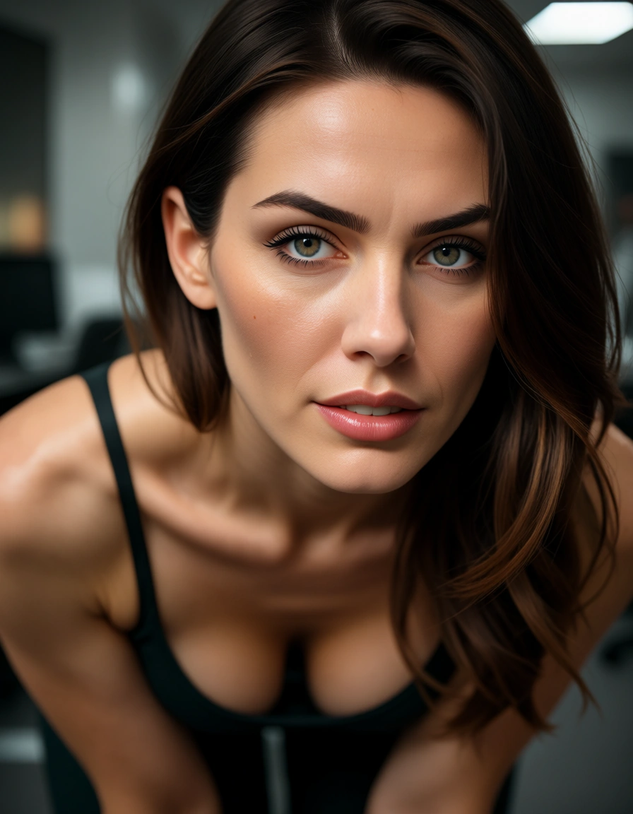 8k, sharp focus, detailed skin, extreme close-up, office lady, bent over, collarbone, natural skin texture, score_9, score_8, candid photo, realistic skin texture, visible skin pores, film grain, depth of field