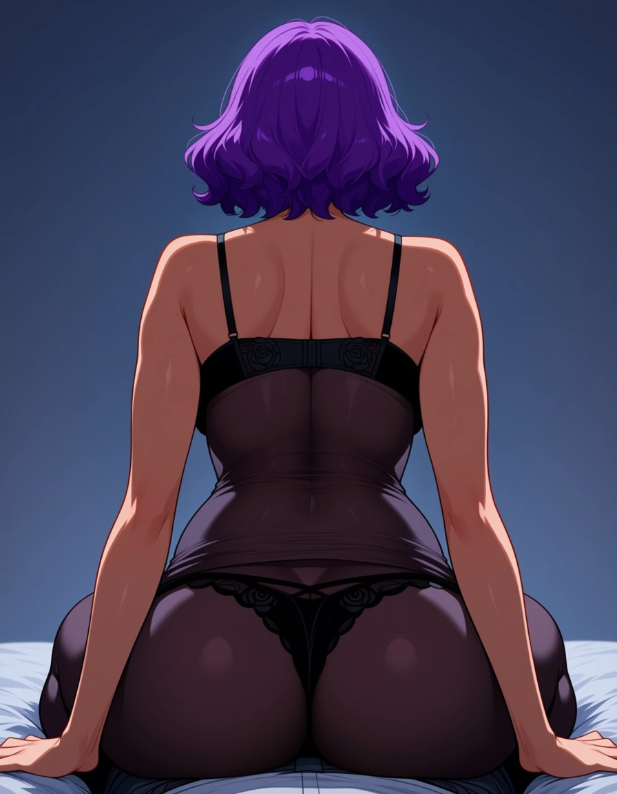 femdom plump girl_on_top with purple wavy_hair and black lingerie. Caring and teasing personality. Tan latina.
Pov of her riding you and resting her hands on the sheets on each side of the pov's head., hentai_studio_quality