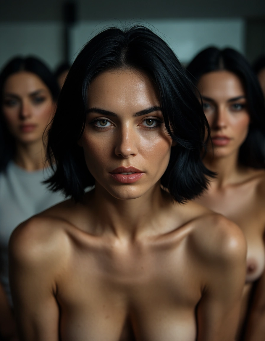 best quality, hyperrealistic, multiple women, black hair, shirt, fully nude, golden hour, 8k uhd photo, score_9, score_8, candid photo, realistic skin texture, visible skin pores, film grain, depth of field
