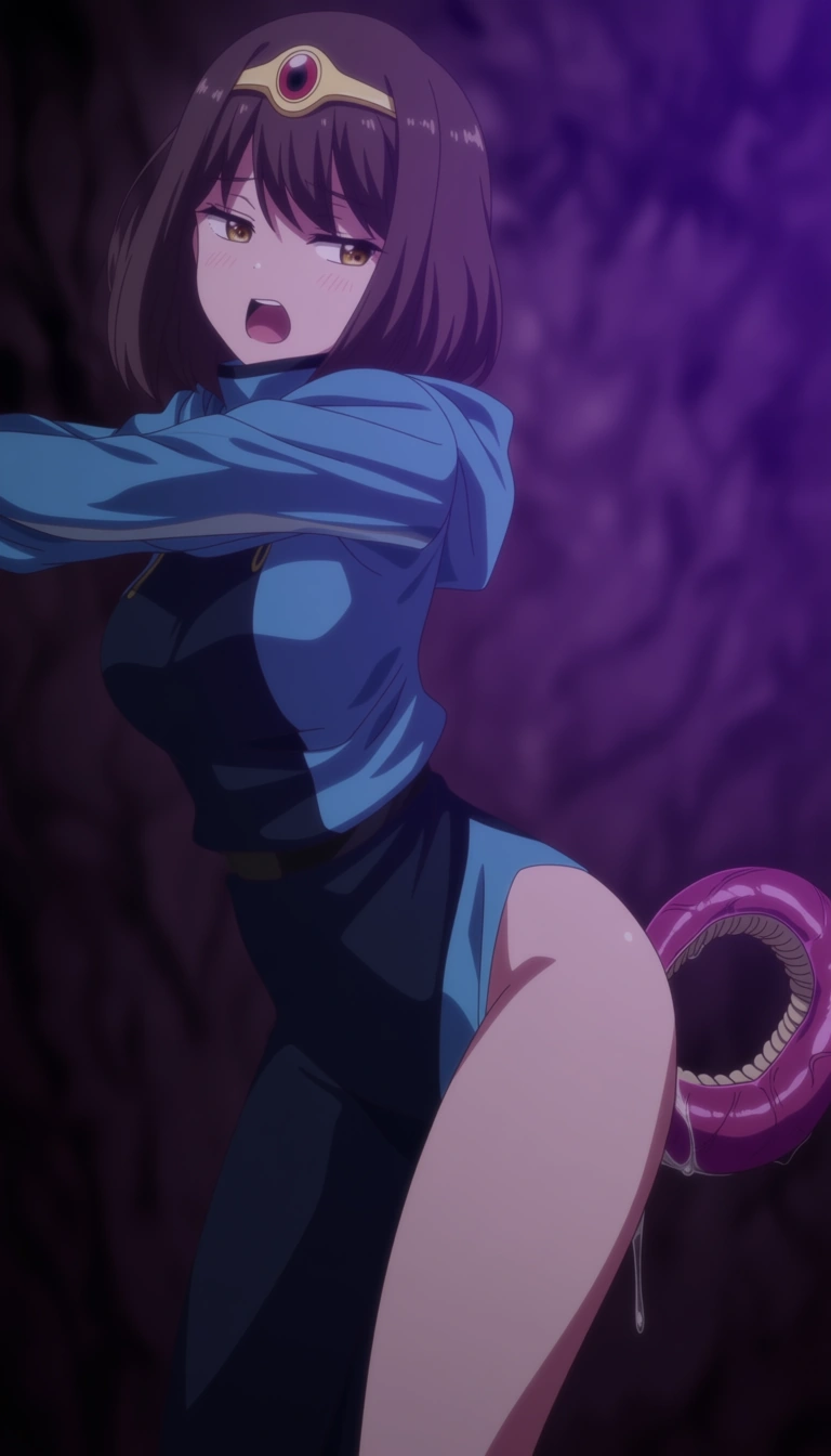 Nami being penetrated by a tentacle., (anime style:1.3), 2d, anime screencap, cel shading, flat color