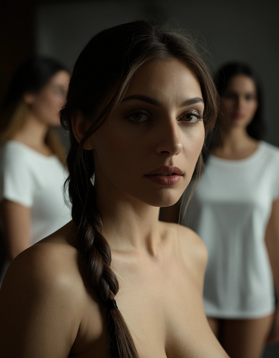 professional photo, high detail, 4girls, braid, white shirt, fully nude, studio photo, score_9, score_8, candid photo, realistic skin texture, visible skin pores, film grain, depth of field