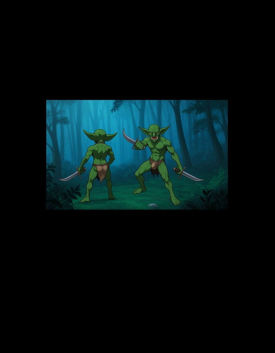 A small group of green-skinned male goblins—raiders wearing loincloths with a visible bulge—in a forest at night; one goblin is holding a dagger., hentai_studio_quality