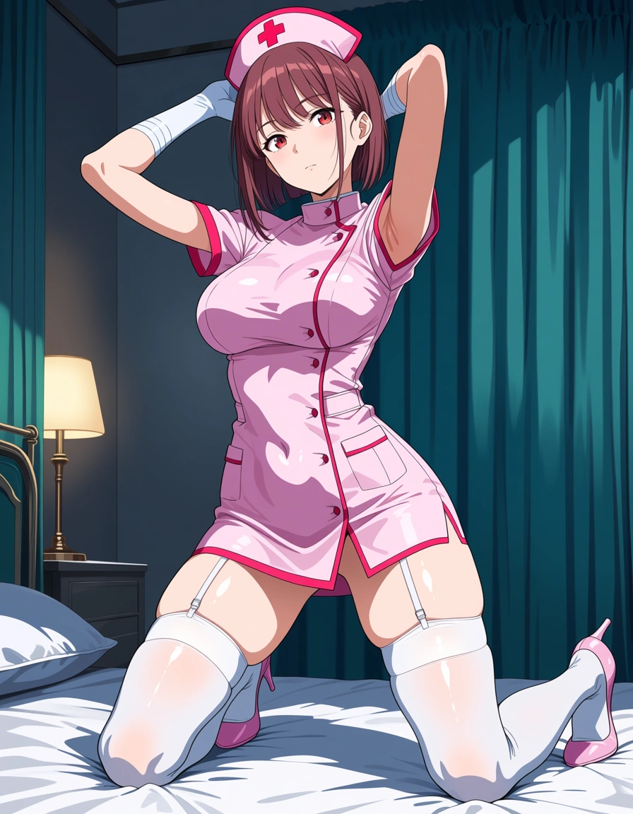 masterpiece, clean art, nurse, kneeling on bed, armpits, military, vivid anime colors, hentai_studio_quality