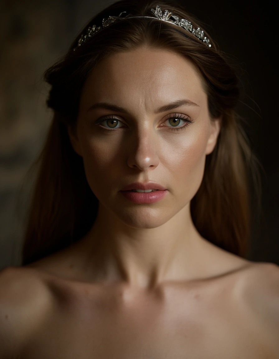 8k, sharp focus, detailed skin, portrait, princess, bondage, bare arms, natural skin texture, score_9, score_8, candid photo, realistic skin texture, visible skin pores, film grain, depth of field