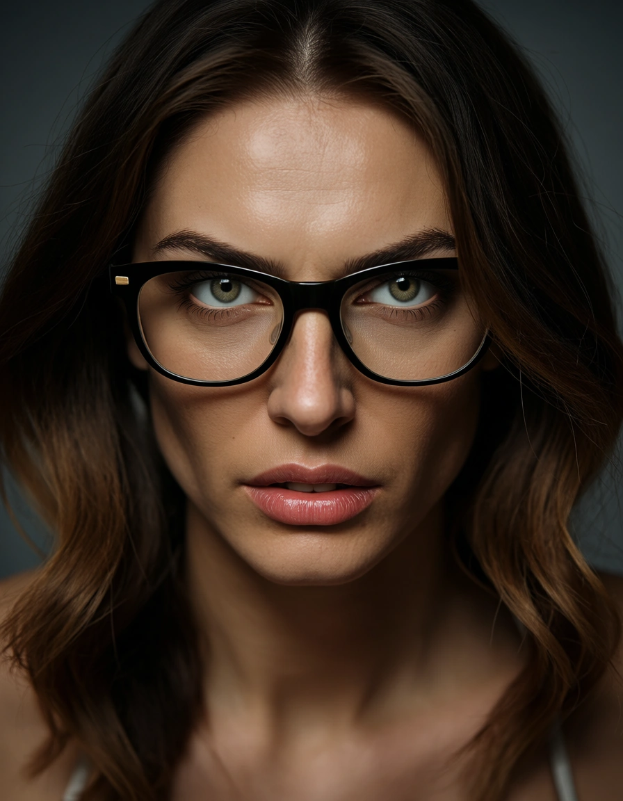 studio quality, sharp focus, solo, doggy style, glasses, dominant stare, natural skin texture, score_9, score_8, candid photo, realistic skin texture, visible skin pores, film grain, depth of field