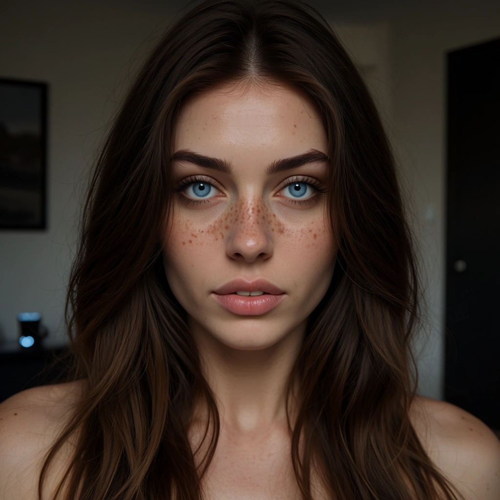 RAW photo, ultra realistic, bbw, pawg, blue eyes, brunette, freckles, milf, score_9, score_8, amateur photo, phone snapshot, realistic skin texture, skin blemishes, soft indoor lighting