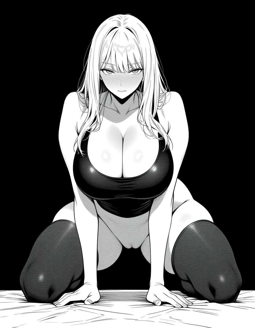 hentai_studio_quality, best quality, explicit detail, fitness model, thighhighs, sleeveless, kneeling on bed, black background, manga panel look