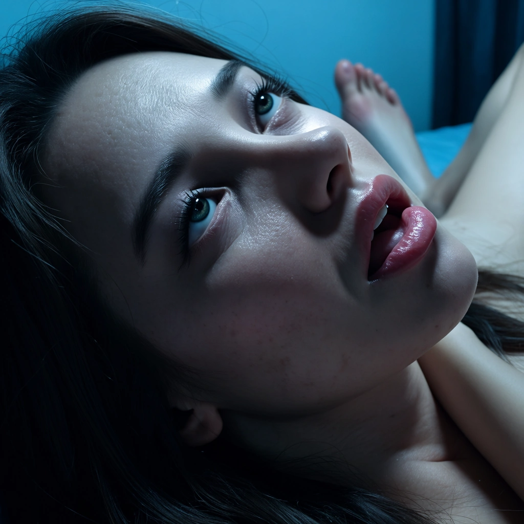 sharp focus, 8k uhd, three-quarter view, milf, ahegao, barefoot, night, dreamy atmosphere, 8k uhd photo