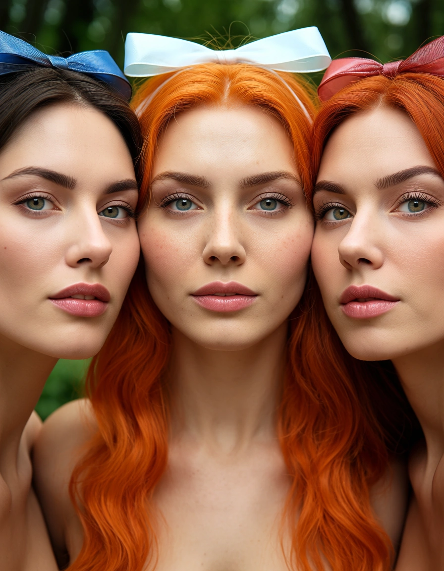 score_9, score_8, @2025, @candid photo, (amateur photography:1.2), (realistic skin texture:1.4), visible skin pores, skin blemishes, goosebumps, natural skin, soft natural lighting, (depth of field), film grain, cinematic photo, 8k, 3girls, orange hair, ribbon, facesitting, hyperrealistic