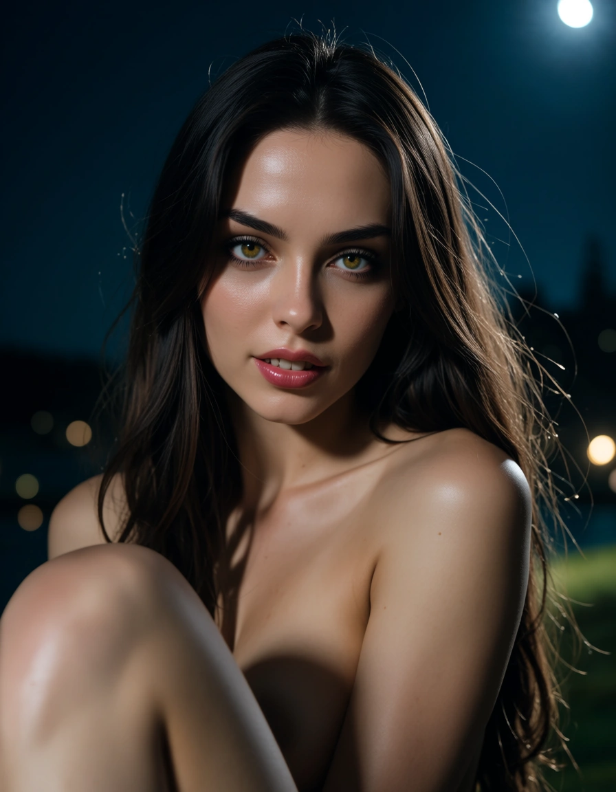 sharp focus, 8k uhd, close-up, succubus, leg up, petite adult woman, night, smoldering look, film photography, score_9, score_8, candid photo, realistic skin texture, visible skin pores, film grain, depth of field