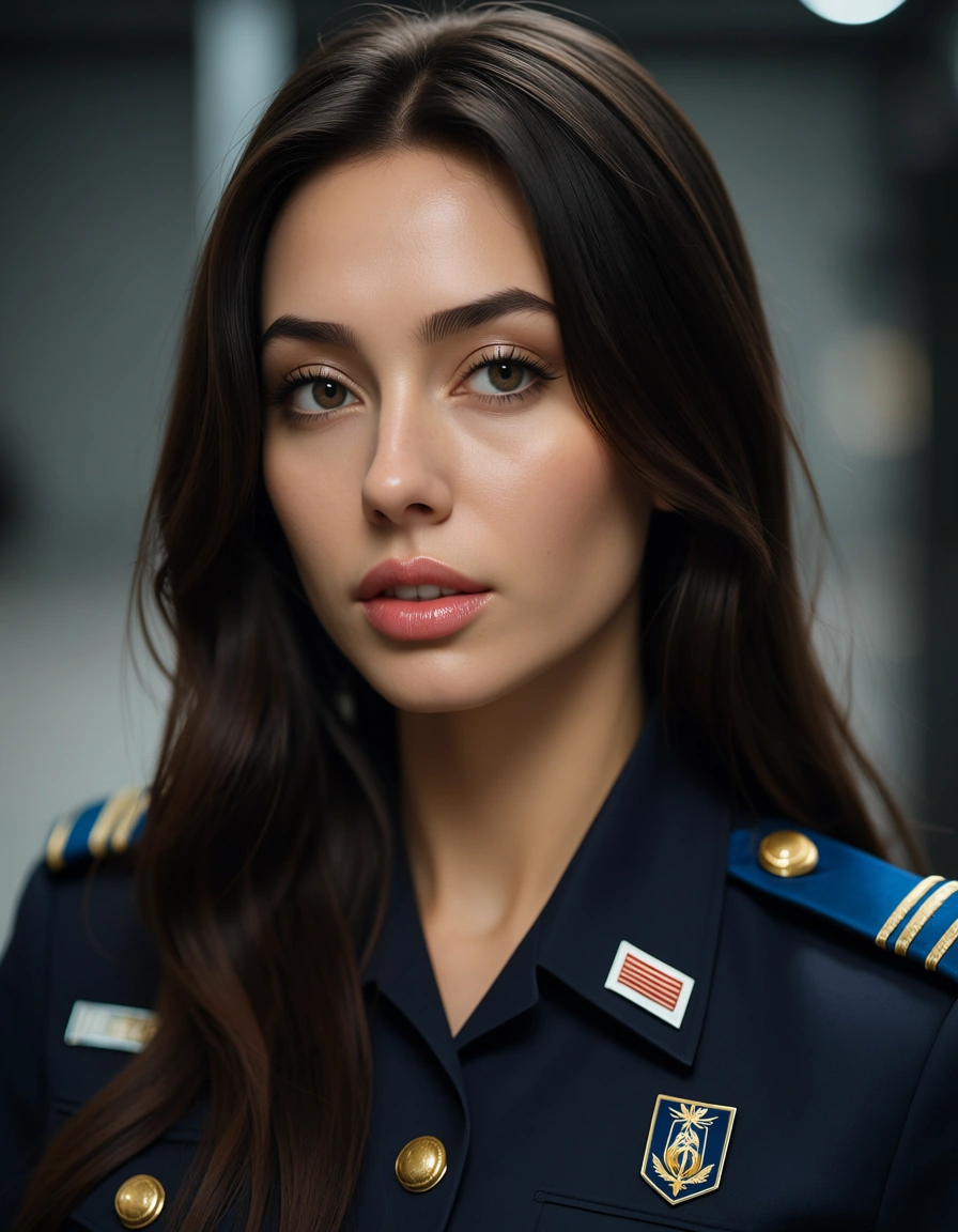 Sexy anime woman in uniform, score_9, score_8, candid photo, realistic skin texture, visible skin pores, film grain, depth of field