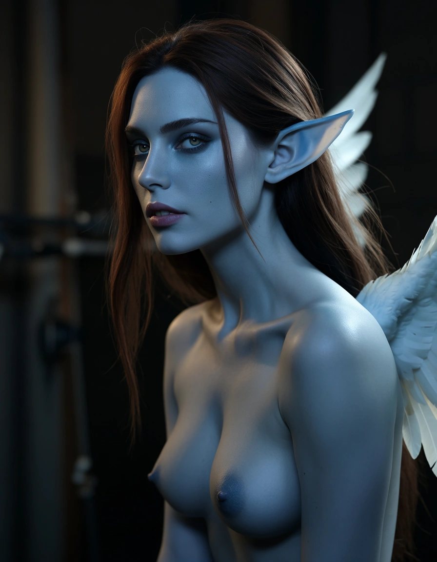 dslr, film grain, photorealistic, solo female, colored skin, wings, futanari, blurry background, side view, studio lighting, cinematic realism, score_9, score_8, candid photo, realistic skin texture, visible skin pores, film grain, depth of field