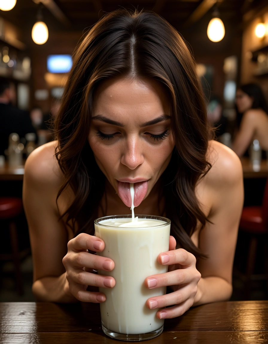 Me doing sex with a woman while drinking her milk from her big tits in a pub, score_9, score_8, candid photo, realistic skin texture, visible skin pores, film grain, depth of field