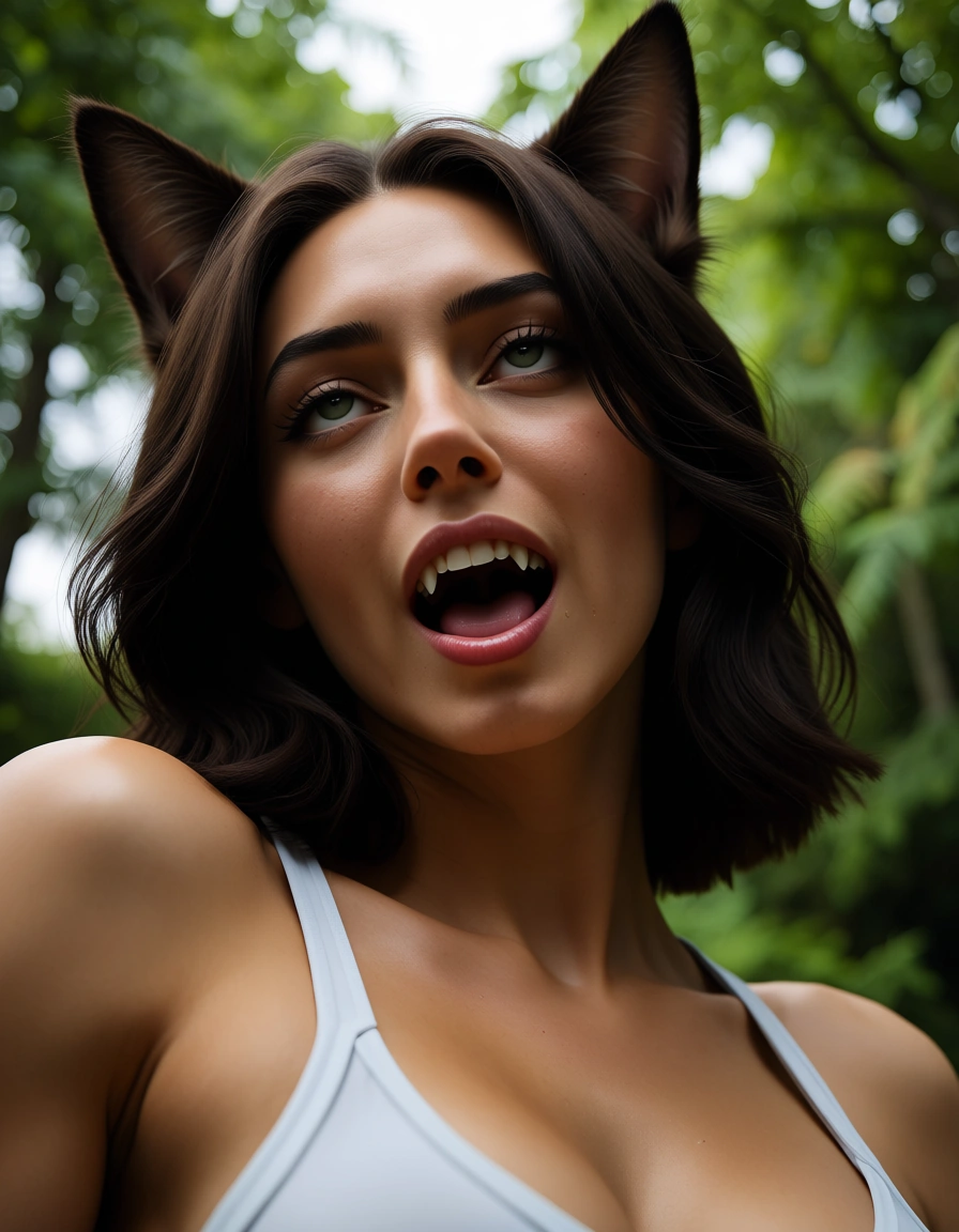 dslr, film grain, photorealistic, low angle, catgirl, ahegao, athletic build, tree, RAW photo, score_9, score_8, candid photo, realistic skin texture, visible skin pores, film grain, depth of field