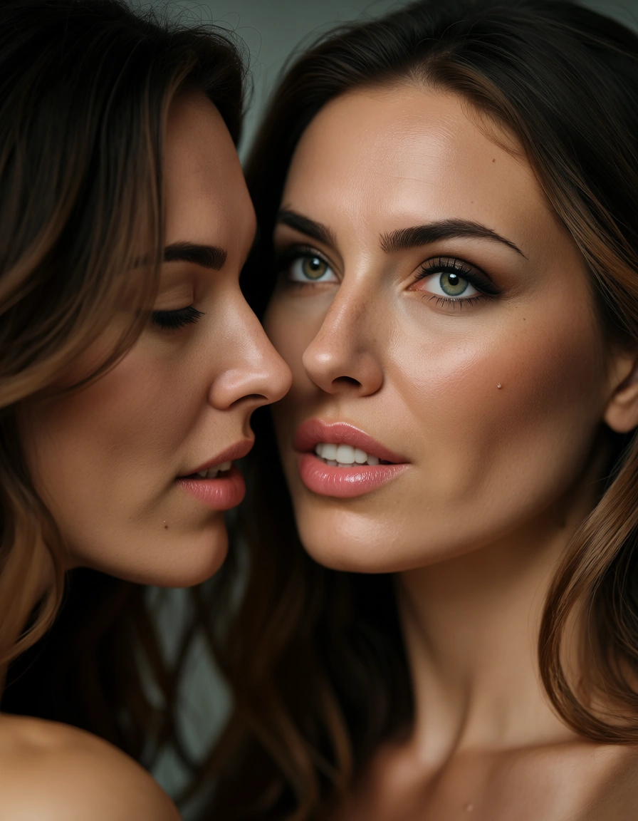 Two lady tribbing, score_9, score_8, candid photo, realistic skin texture, visible skin pores, film grain, depth of field