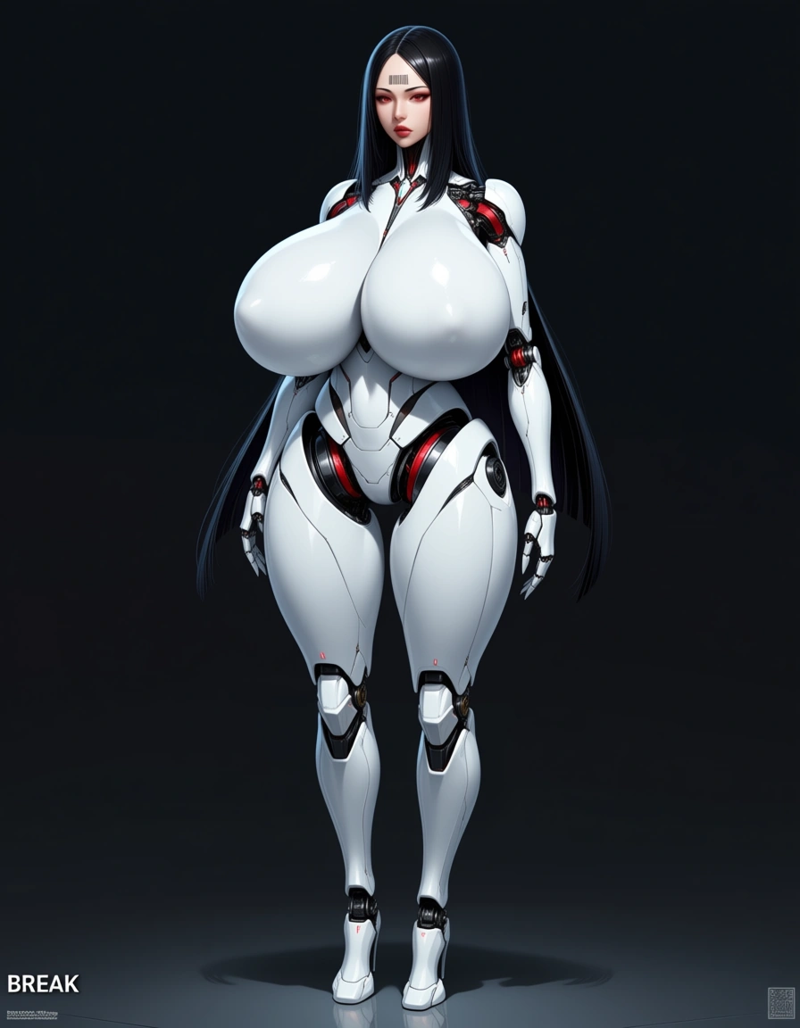 mechanical arms and legs robotic white nude woman (long black fringe hair, makeup, big lips, red_eyes, connected collar, barcode tattoo on her forehead, gigantic huge breasts, thick thighs, standing_up, arms at sides, expressionless, looking_afar), first person view, viewer touching her breasts. BREAK : in a office room, realistic., hentai_studio_quality