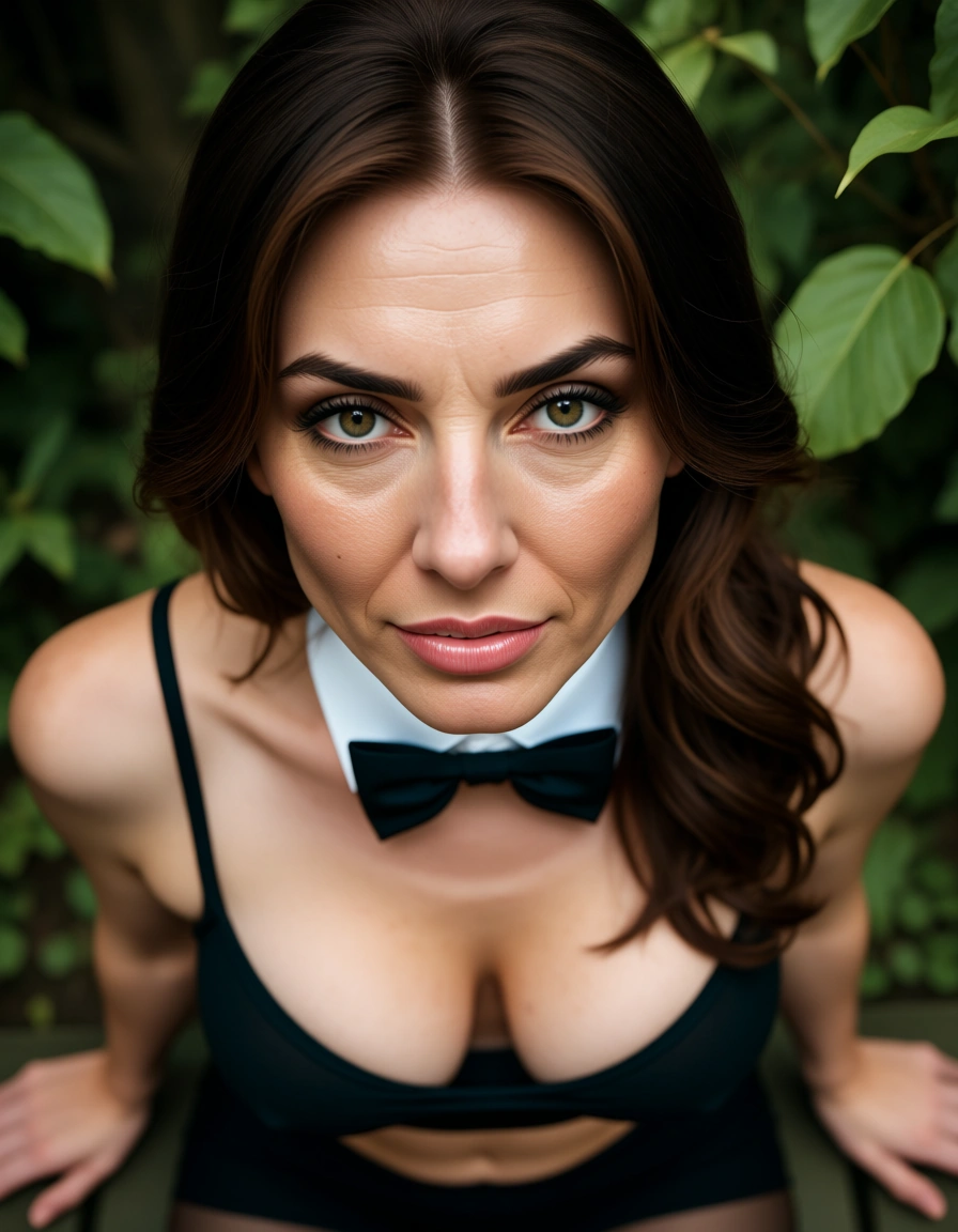 best quality, hyperrealistic, mature female, midriff, bowtie, facesitting, outdoors, from above, 8k uhd photo, score_9, score_8, candid photo, realistic skin texture, visible skin pores, film grain, depth of field