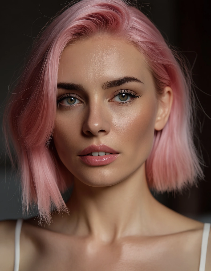 Score_7_up pink haired woman, score_9, score_8, candid photo, realistic skin texture, visible skin pores, film grain, depth of field