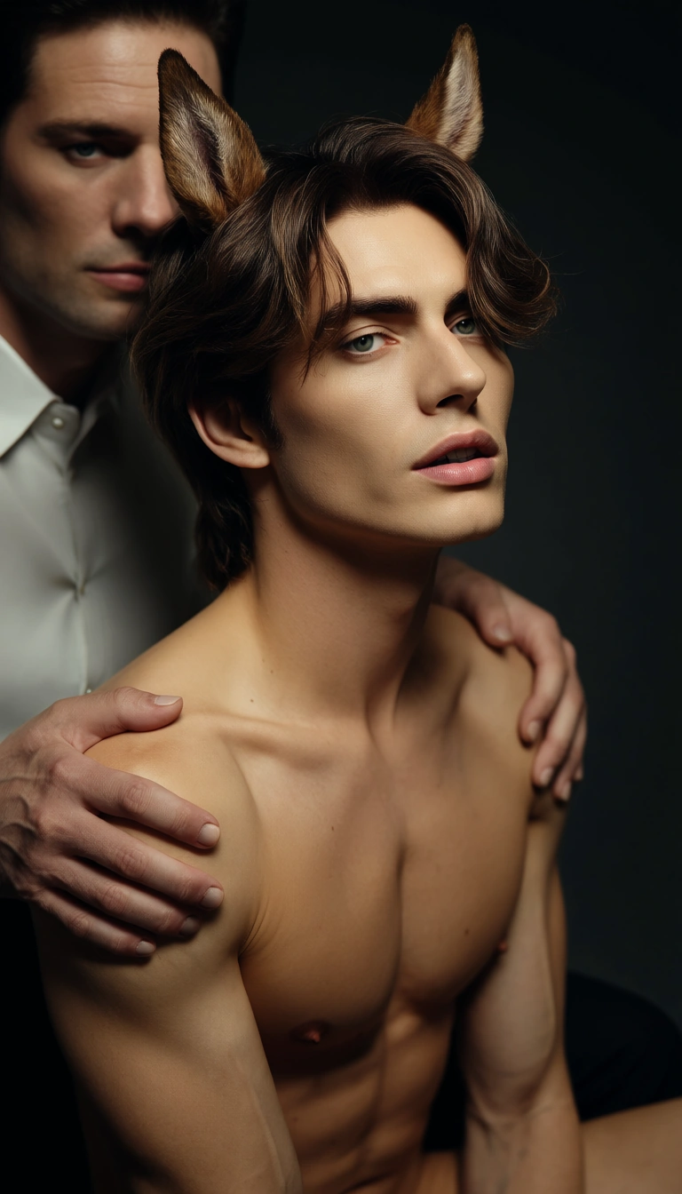 best quality, hyperrealistic, 2boys, horse ears, collared shirt, fully nude, dslr quality