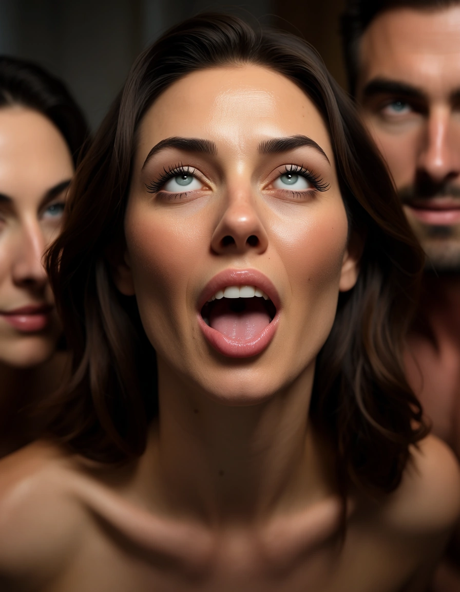 studio quality, sharp focus, solo focus, ahegao, threesome, score_9, score_8, candid photo, realistic skin texture, visible skin pores, film grain, depth of field