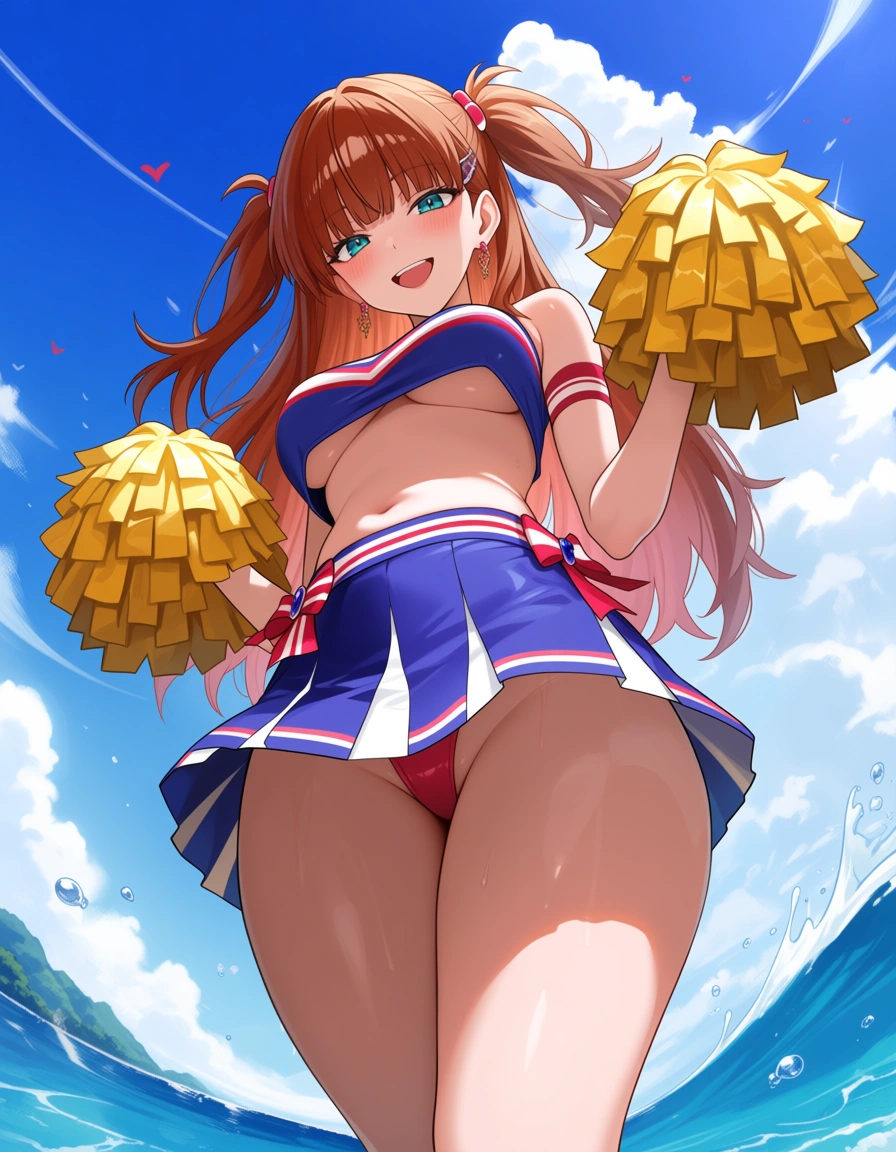 /masterpiece /ultra_detailed /highres @souryuu_asuka_langley #cheerleader #crop_top #pleated_skirt #outdoors #split #smile, hentai_studio_quality