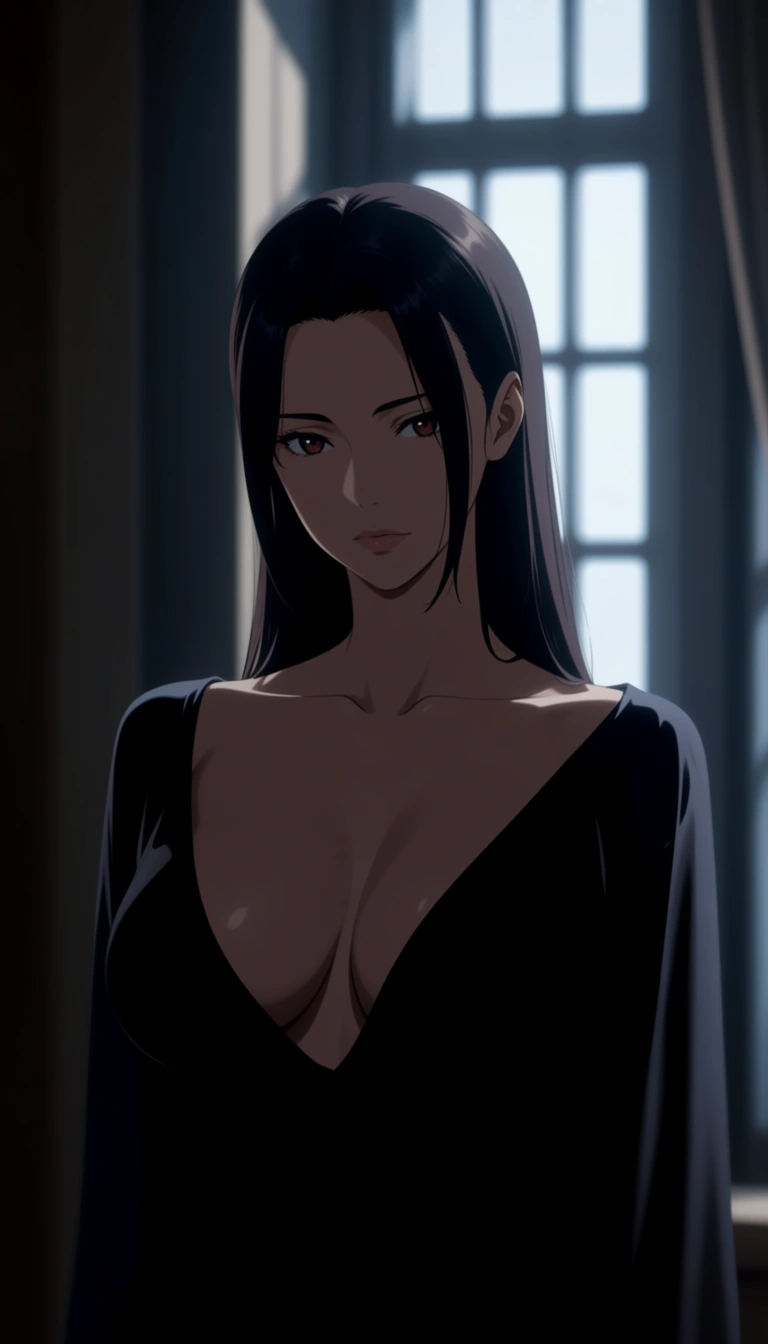 a woman with long dark hair in a black silk slip, soft window light, shot on film, hentai_studio_quality