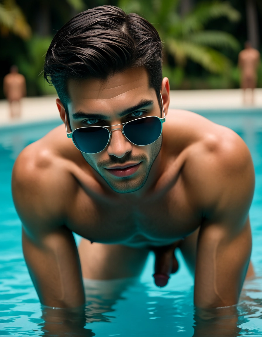 sharp focus, 8k uhd, male focus, on all fours, sunglasses, water, seductive look, RAW photo, nude, penis, gangbang, cnc, males only, score_9, score_8, candid photo, realistic skin texture, visible skin pores, film grain, depth of field