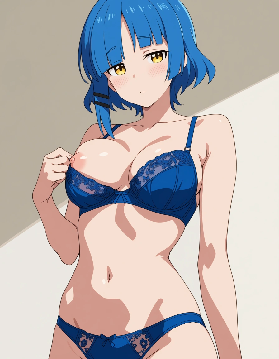 hentai_studio_quality, hentai_studio_quality, (anime style:1.3), 2d, anime screencap, cel shading, flat color, @yamada_ryo, lingerie, nipple_slip, blue_panties