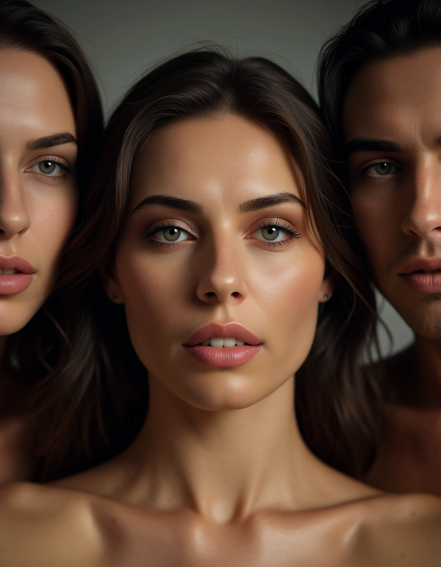 threesome, score_9, score_8, candid photo, realistic skin texture, visible skin pores, film grain, depth of field