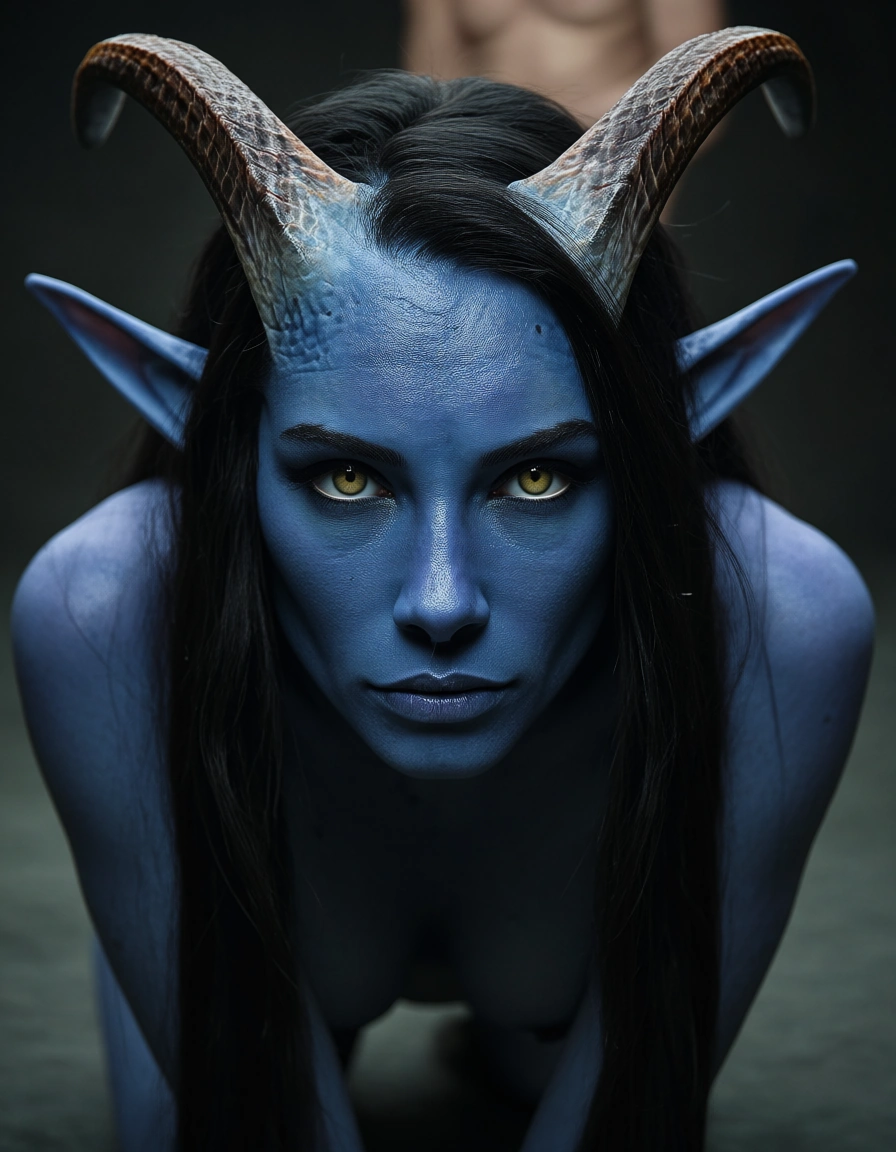 cinematic photo, 8k, solo focus, colored skin, horns, on all fours, portrait, rim light, RAW photo, score_9, score_8, candid photo, realistic skin texture, visible skin pores, film grain, depth of field