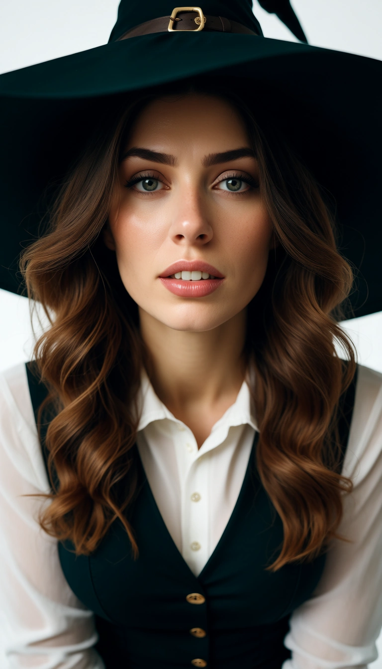 sharp focus, 8k uhd, witch, buttons, white shirt, facesitting, white background, POV, 8k uhd photo