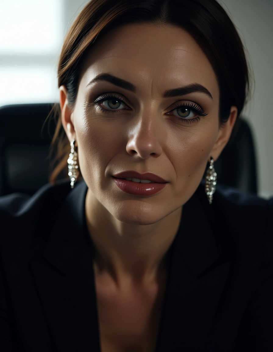 8k, sharp focus, detailed skin, office lady, jewelry, presenting, window light, cinematic realism, dominant, score_9, score_8, candid photo, realistic skin texture, visible skin pores, film grain, depth of field