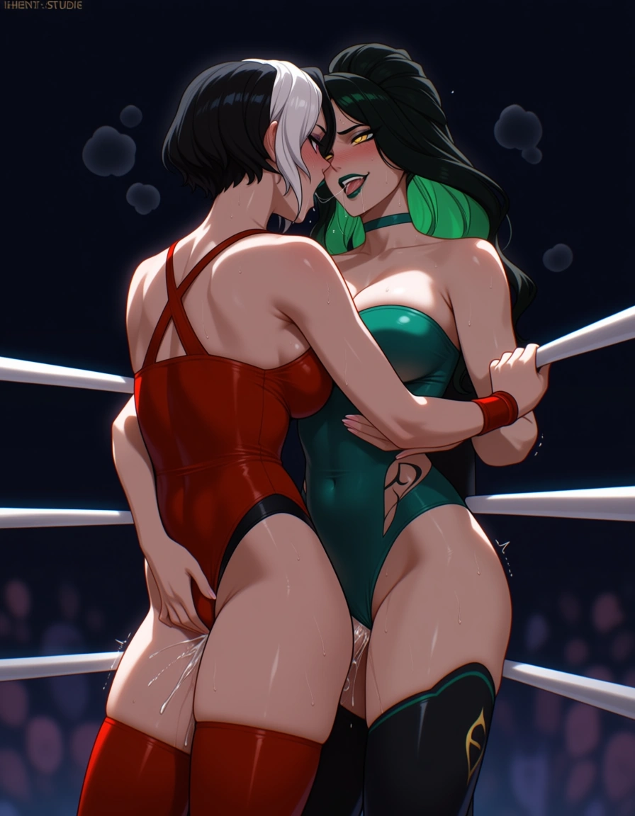 2girls , wrestling_ring , strapon , cinder_fall_(rwby) , shego , sex defeated ,cumming pussy_juice, orgasm, hentai_studio_quality, hentai_studio_quality