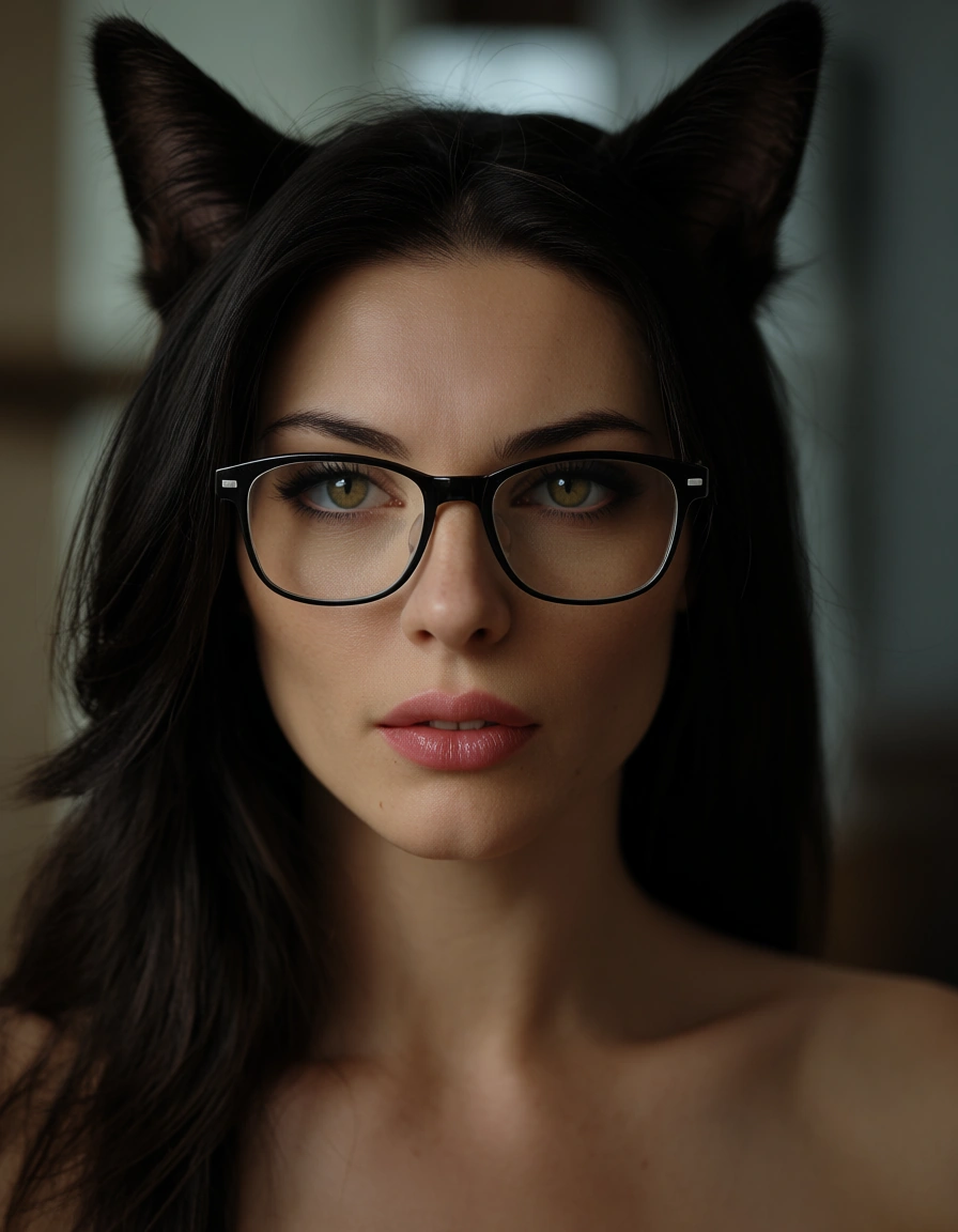 professional photo, high detail, catgirl, facesitting, glasses, smoldering look, natural skin texture, score_9, score_8, candid photo, realistic skin texture, visible skin pores, film grain, depth of field