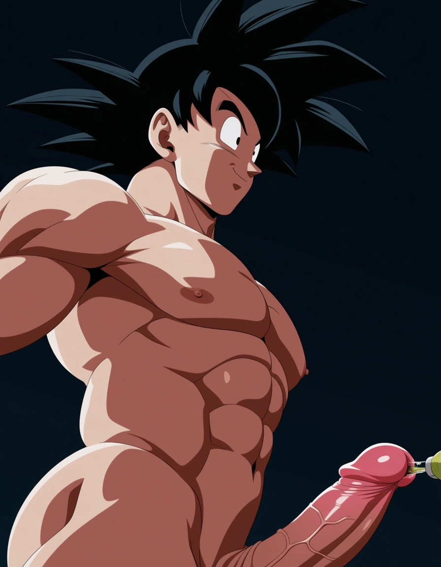solo, 1boy, goku, dragon ball, black hair, spiky hair, muscular, completely nude, big penis, , urethral sounding,big urethral ,Dildo put in urethral, explicit, uncensored ,smile face with torgue ,side view,sexy pose,, (anime style:1.3), 2d, anime screencap, cel shading, flat color, @00osamio00