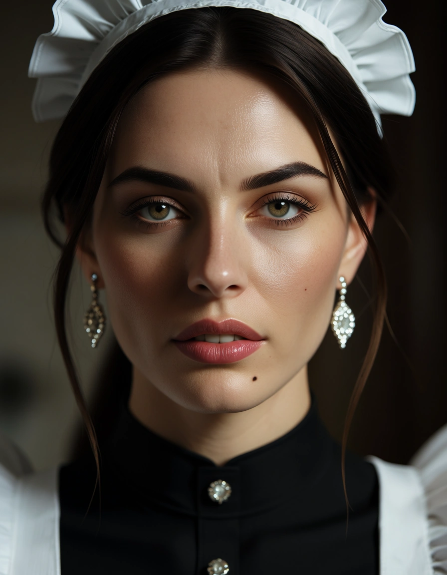 dslr, film grain, photorealistic, maid, mole, jewelry, facesitting, studio photo, score_9, score_8, candid photo, realistic skin texture, visible skin pores, film grain, depth of field
