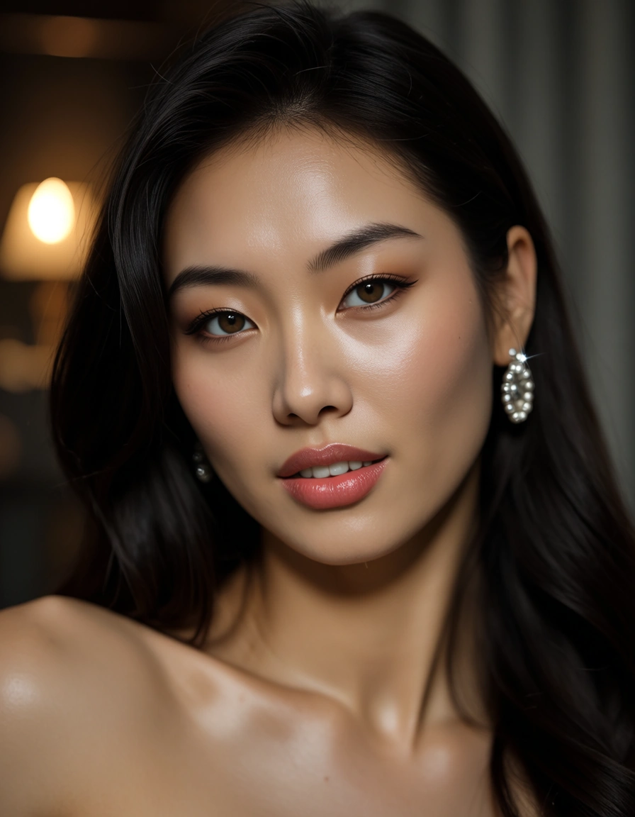 Asian MILF thicc, score_9, score_8, candid photo, realistic skin texture, visible skin pores, film grain, depth of field