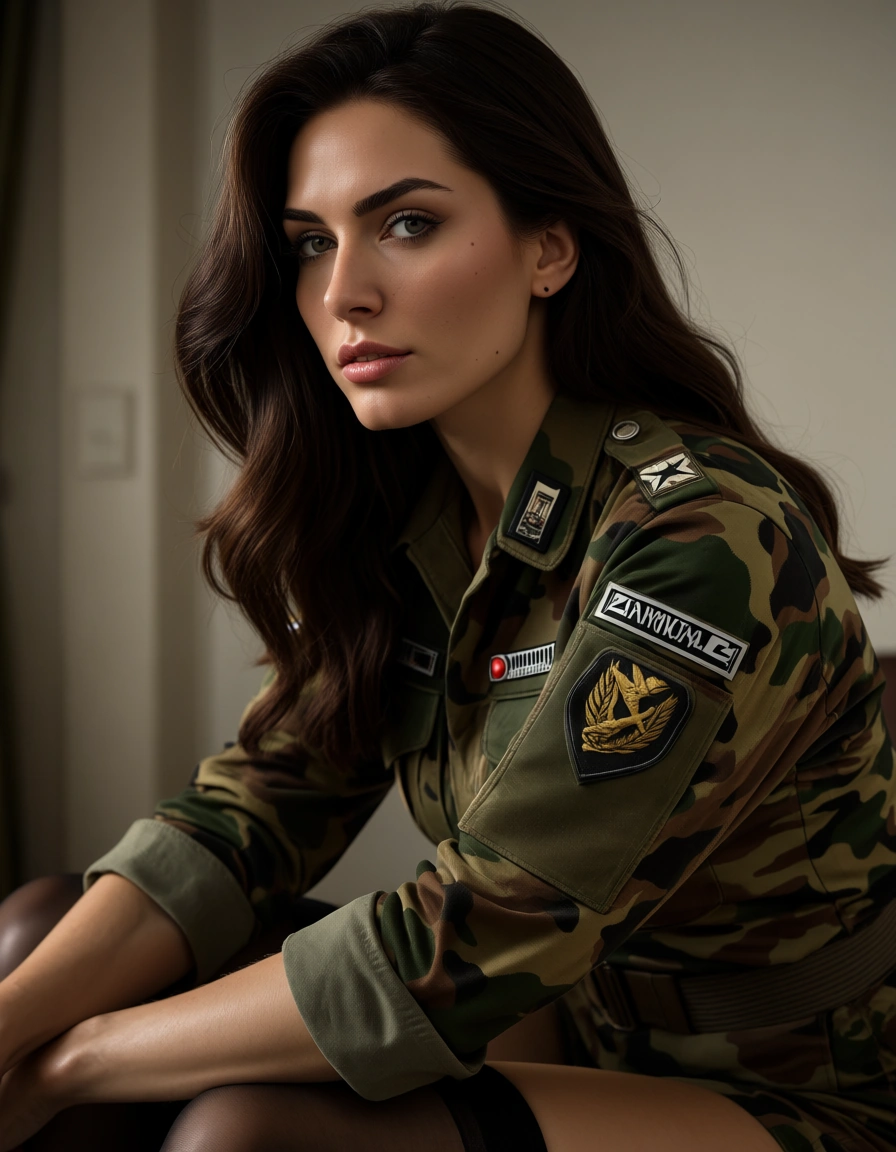 professional photo, high detail, three-quarter view, brunette woman, facesitting, black thighhighs, military, lifelike render, score_9, score_8, amateur photo, phone snapshot, realistic skin texture, skin blemishes, soft indoor lighting