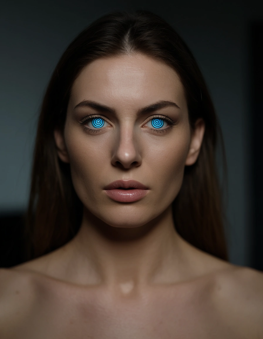 Realistic, soft focus, mid-20s, trans woman, staring at a spiral entering a hypnotic trance, jerking her cock, score_9, score_8, candid photo, realistic skin texture, visible skin pores, film grain, depth of field